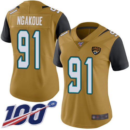 Nike Jacksonville Jaguars #91 Yannick Ngakoue Gold Women Stitched NFL Limited Rush 100th Season Jersey->women nfl jersey->Women Jersey